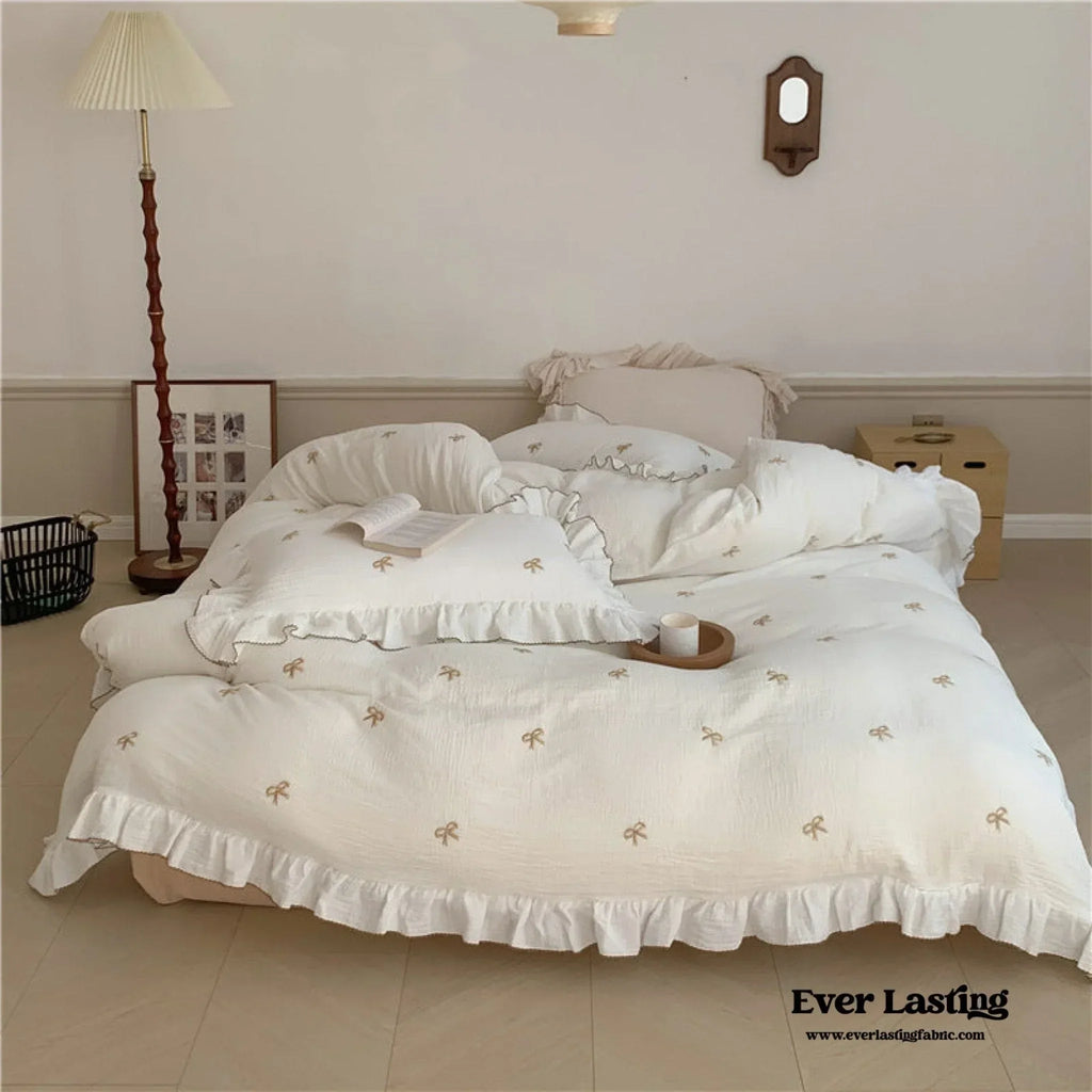 Double Layer Ribbon Tie White Ruffle Bedding Set Ever Lasting