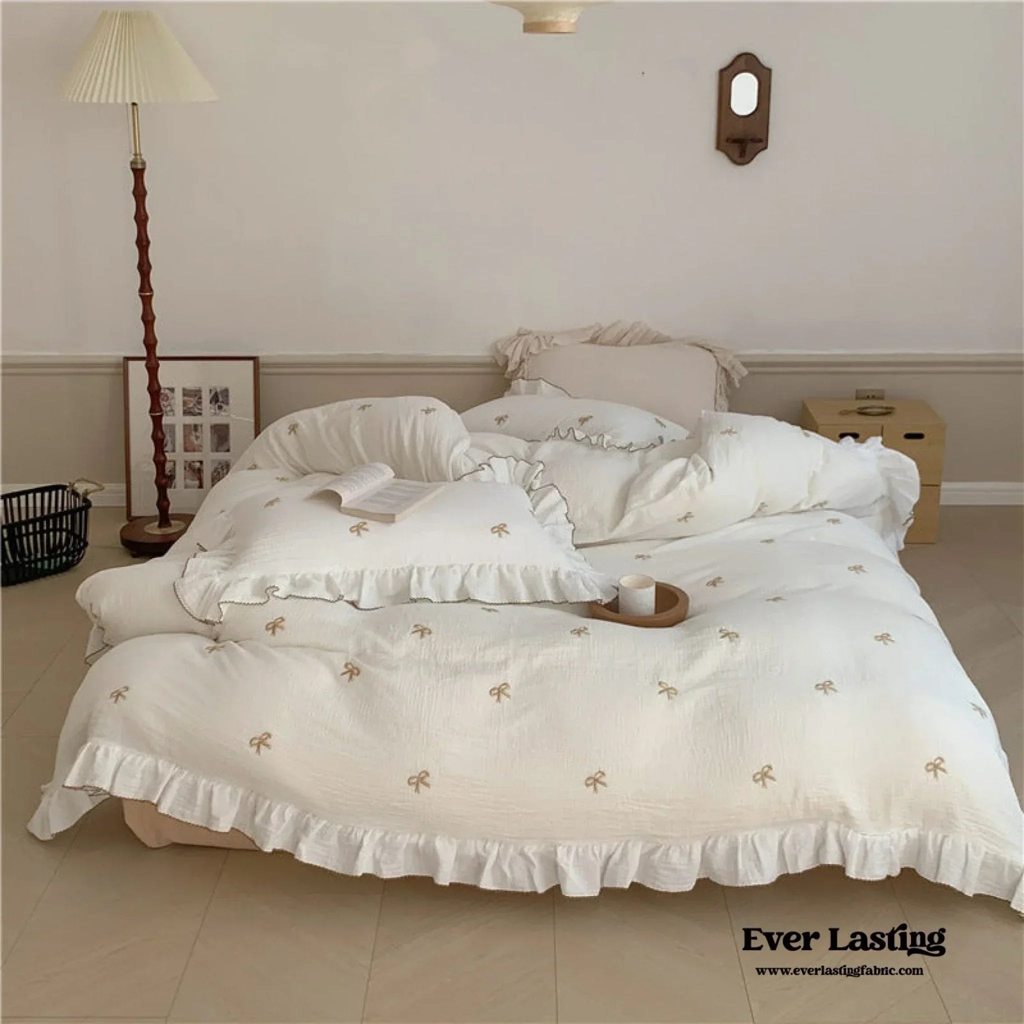 Double Layer Ribbon Tie White Ruffle Bedding Set Ever Lasting
