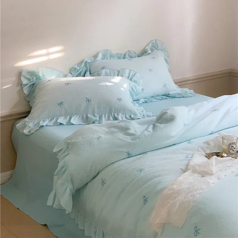 Double Layer Ribbon Tie White Ruffle Bedding Set Ever Lasting