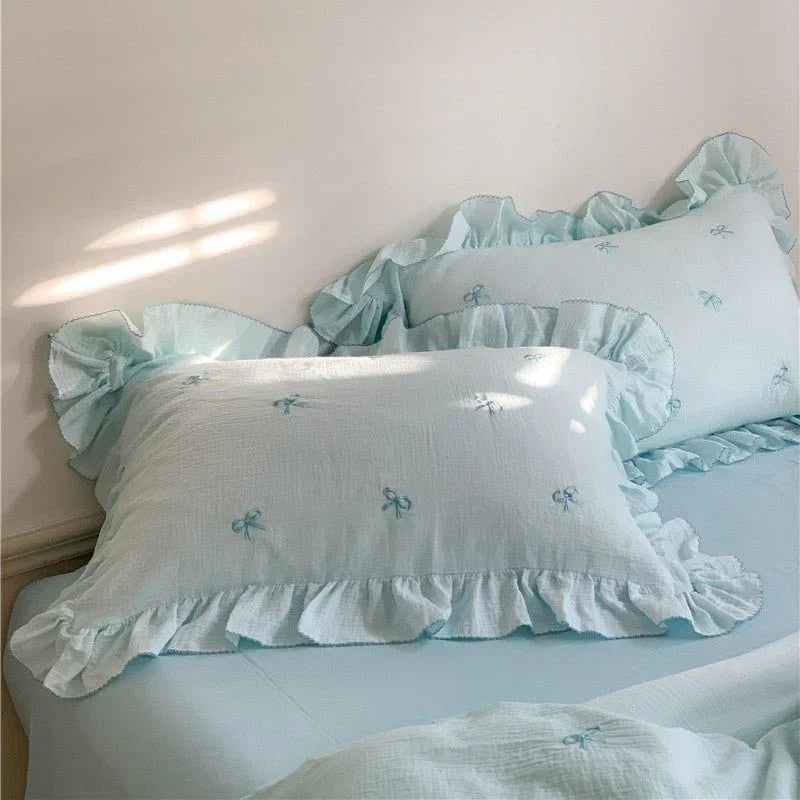 Double Layer Ribbon Tie White Ruffle Bedding Set Ever Lasting