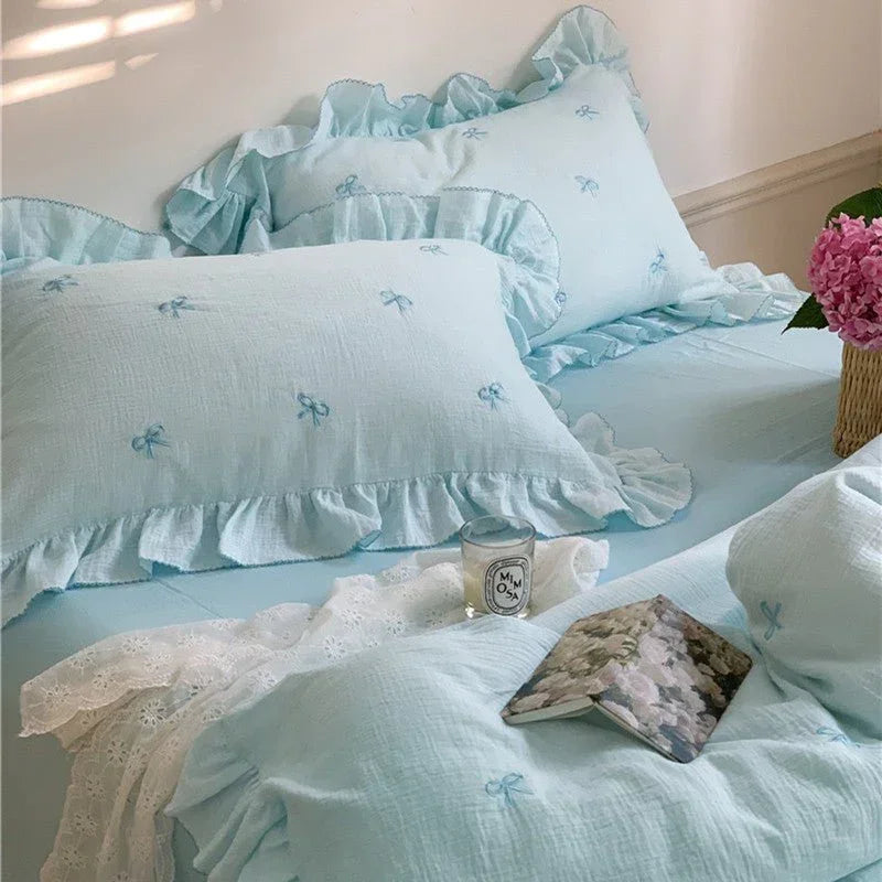 Double Layer Ribbon Tie White Ruffle Bedding Set Ever Lasting