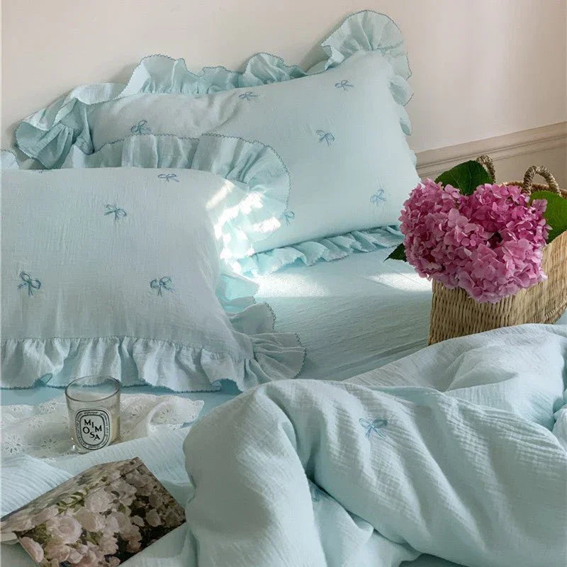 Double Layer Ribbon Tie White Ruffle Bedding Set Ever Lasting