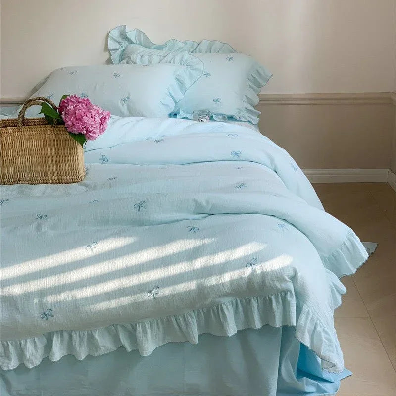 Double Layer Ribbon Tie White Ruffle Bedding Set Ever Lasting