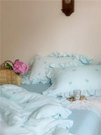 Double Layer Ribbon Tie White Ruffle Bedding Set Ever Lasting