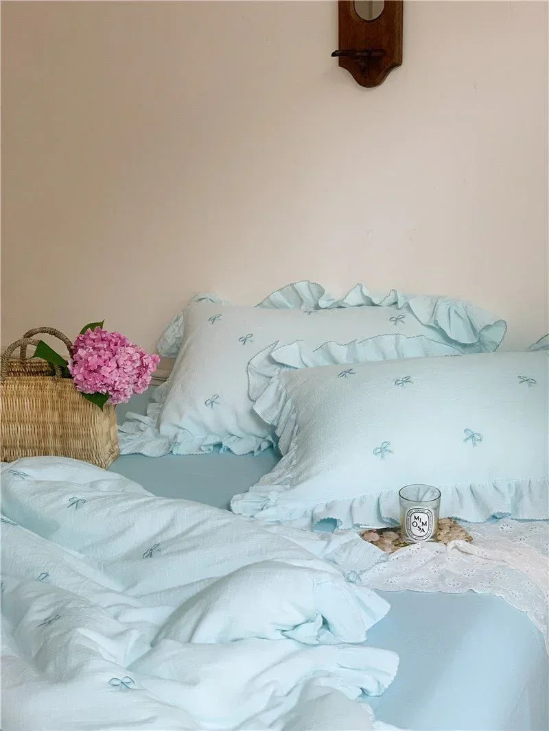 Double Layer Ribbon Tie White Ruffle Bedding Set Ever Lasting