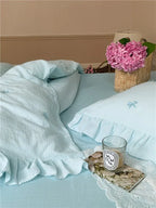Double Layer Ribbon Tie White Ruffle Bedding Set Ever Lasting
