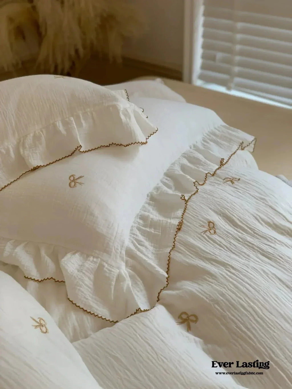Double Layer Ribbon Tie White Ruffle Bedding Set Ever Lasting