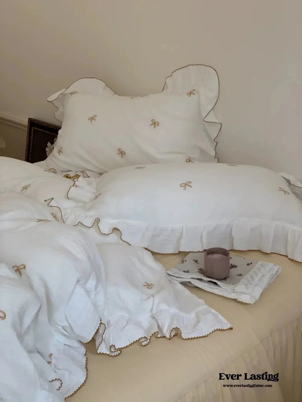 Double Layer Ribbon Tie White Ruffle Bedding Set Ever Lasting