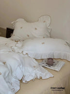 Double Layer Ribbon Tie White Ruffle Bedding Set Ever Lasting
