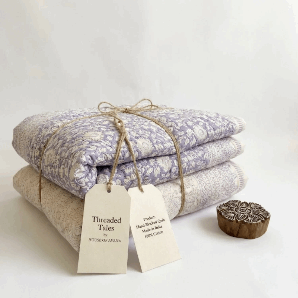 Cream & Sage Green Jaipur Indian hand block print floral quilted comforter | Jaipur Indian hand block print cotton muslin quilted comforter | Sanganer floral block print bedding | Queen King size quilt India | House of Avana [[SKU:HOA-COM-CRSG-021]]