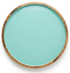 blue enamel round wooden platter mango wood serving dish kitchen