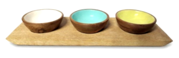 wooden condiment set mango wood tray enamel bowls dip serving set