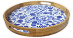 round blue enamel mango wood serving tray wooden kitchen decor