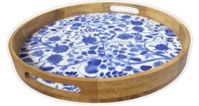 round blue enamel mango wood serving tray wooden kitchen decor