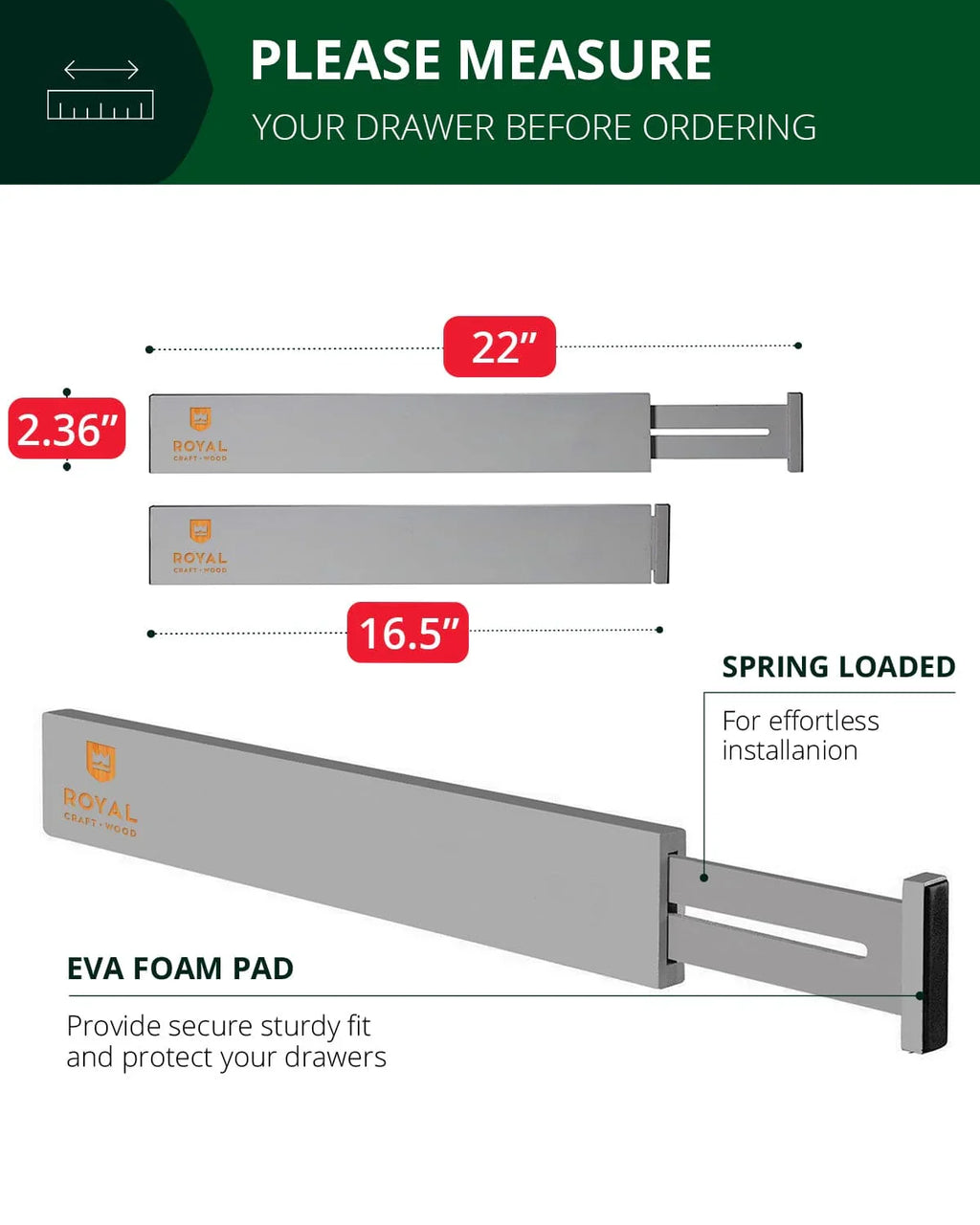 Drawer Dividers 22”, Gray Royal Craft Wood