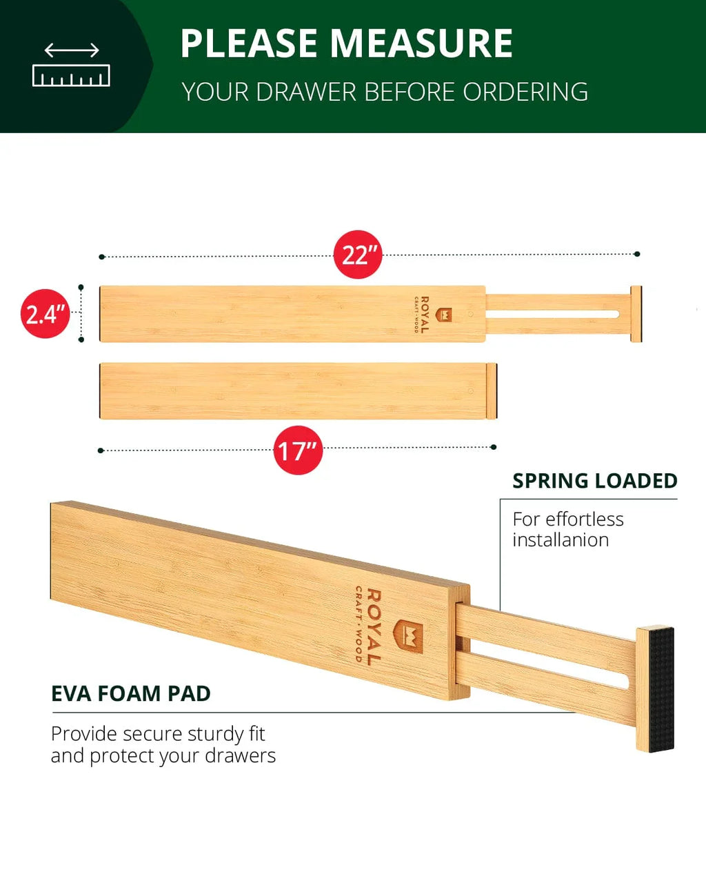 Drawer Dividers 22”, Natural Royal Craft Wood