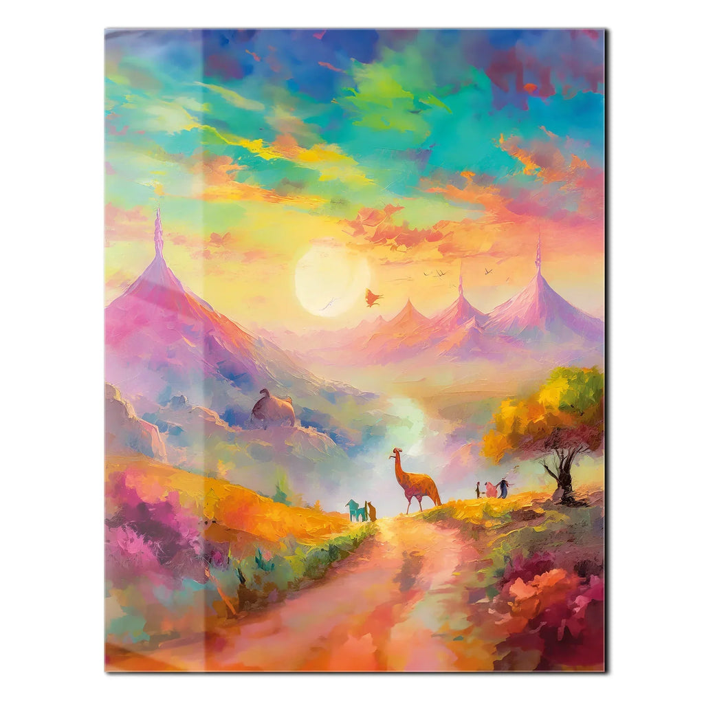 Dreamscape Sunset Valley – Llama & Mountain Fantasy UV Glass Wall Art-KAFCD082 Peony Atelier
