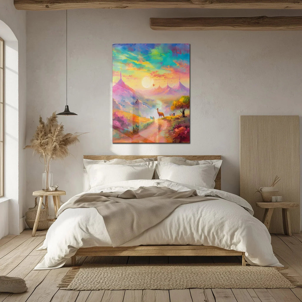 Dreamscape Sunset Valley – Llama & Mountain Fantasy UV Glass Wall Art-KAFCD082 Peony Atelier
