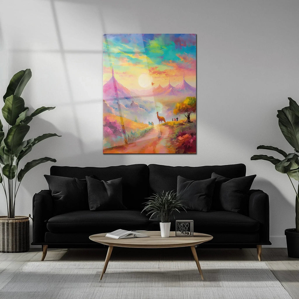 Dreamscape Sunset Valley – Llama & Mountain Fantasy UV Glass Wall Art-KAFCD082 Peony Atelier