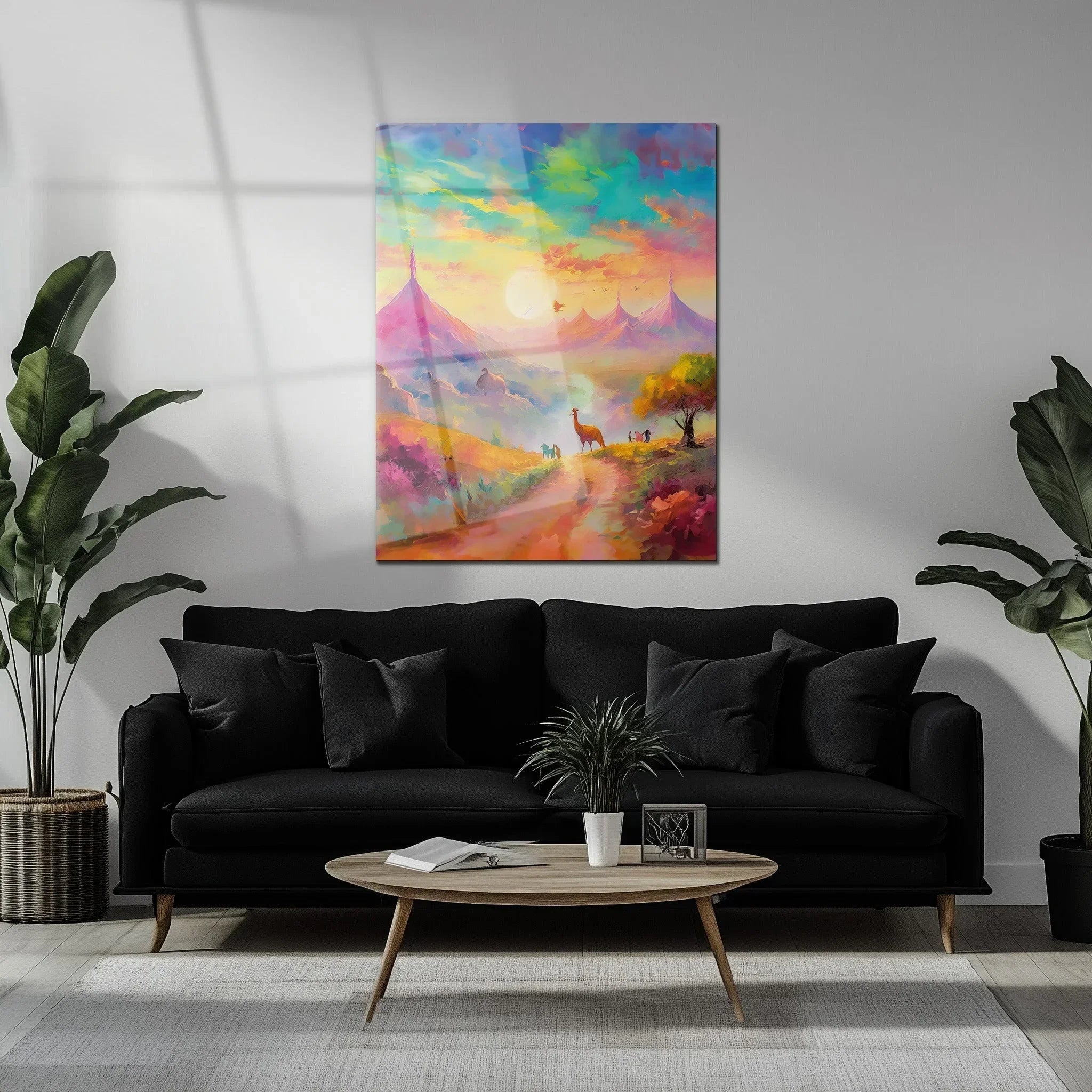 Dreamscape Sunset Valley – Llama & Mountain Fantasy UV Glass Wall Art-KAFCD082 Peony Atelier