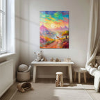Dreamscape Sunset Valley – Llama & Mountain Fantasy UV Glass Wall Art-KAFCD082 Peony Atelier