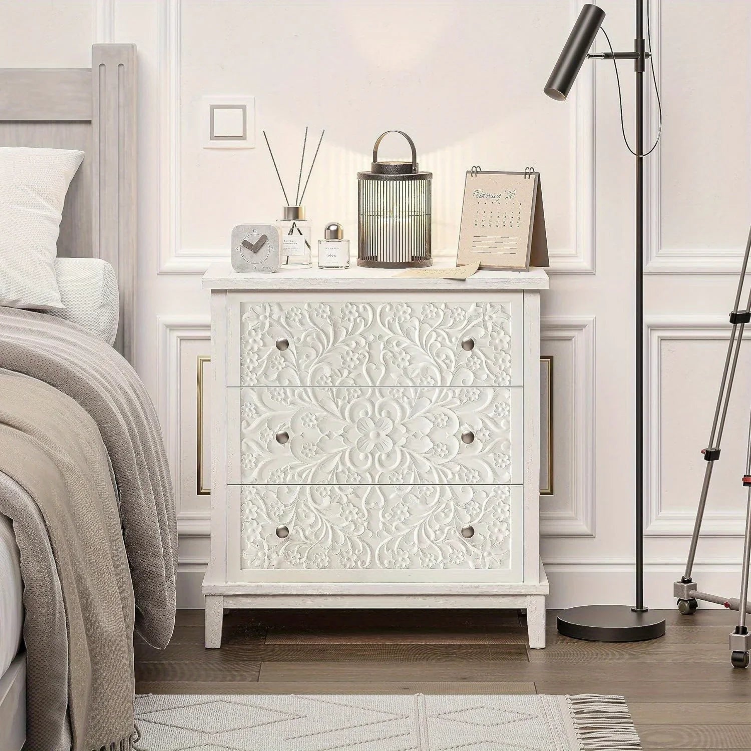 Farmhouse, Lockers, 3-drawer, Bedroom Bedside Table, Fully-assembled Flower Motif Dresser for French... - House Of Avana
