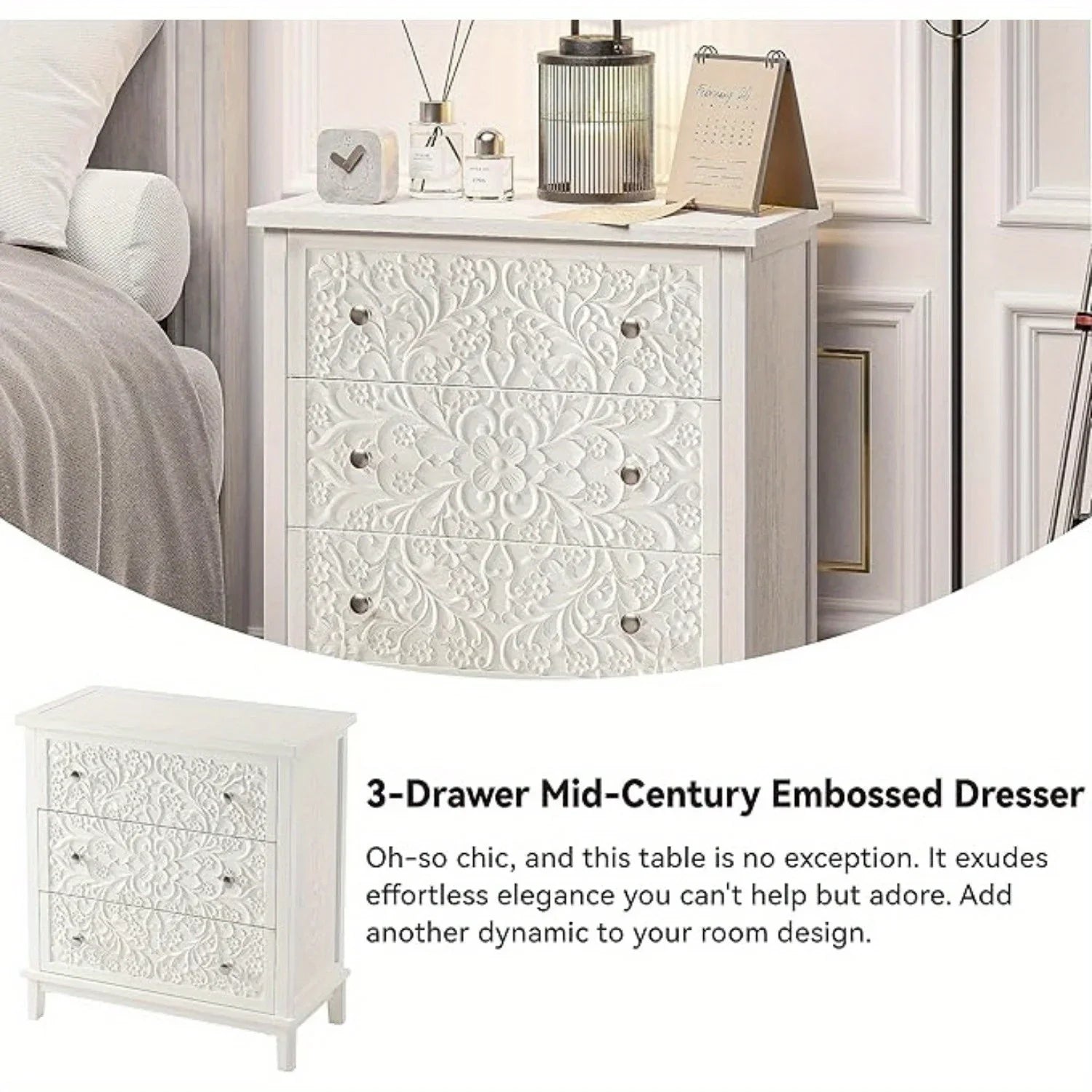 Farmhouse, Lockers, 3-drawer, Bedroom Bedside Table, Fully-assembled Flower Motif Dresser for French... - House Of Avana