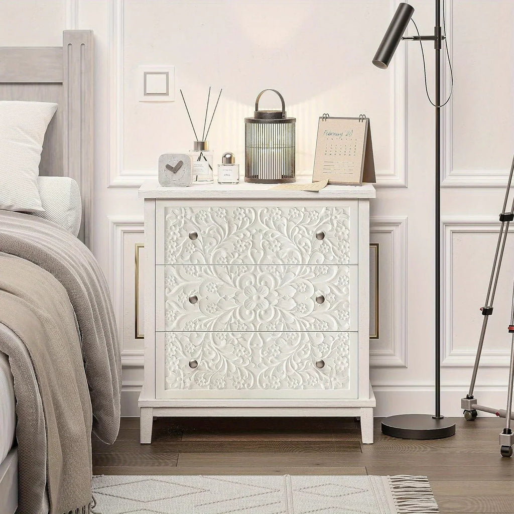 Farmhouse, Lockers, 3-drawer, Bedroom Bedside Table, Fully-assembled Flower Motif Dresser for French... - House Of Avana [[SKU:HOA-DRS-001]]