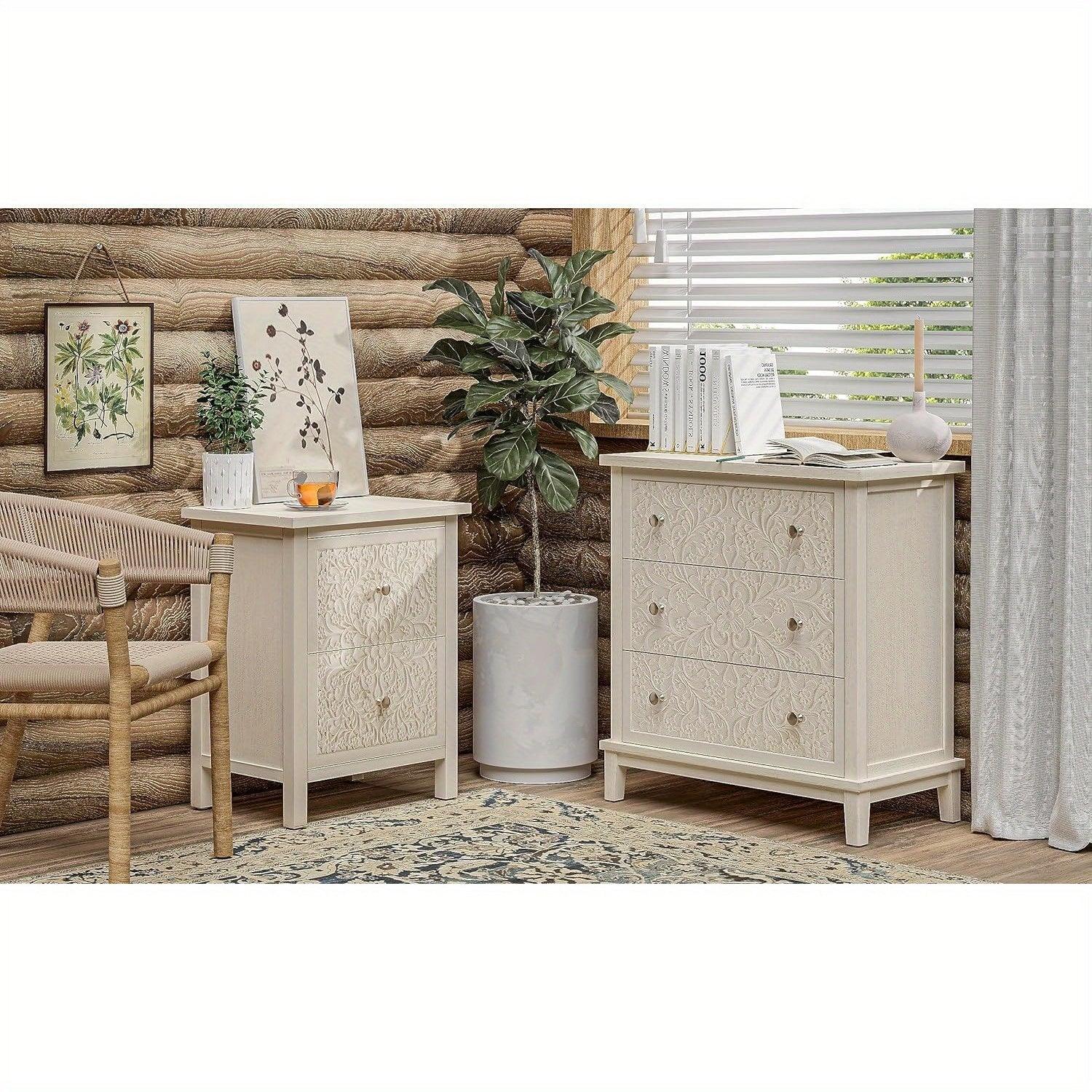 Farmhouse, Lockers, 3-drawer, Bedroom Bedside Table, Fully-assembled Flower Motif Dresser for French... - House Of Avana