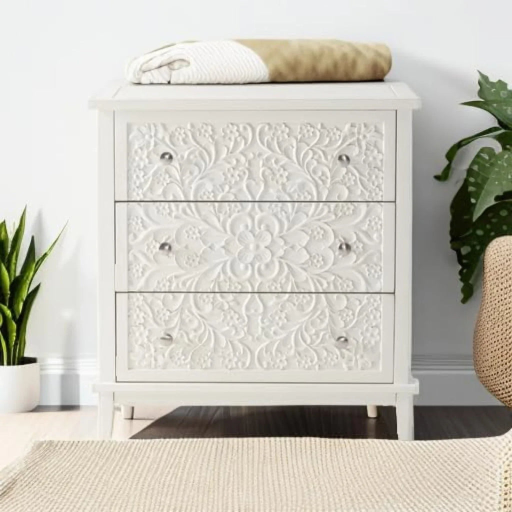 Farmhouse, Lockers, 3-drawer, Bedroom Bedside Table, Fully-assembled Flower Motif Dresser for French... - House Of Avana
