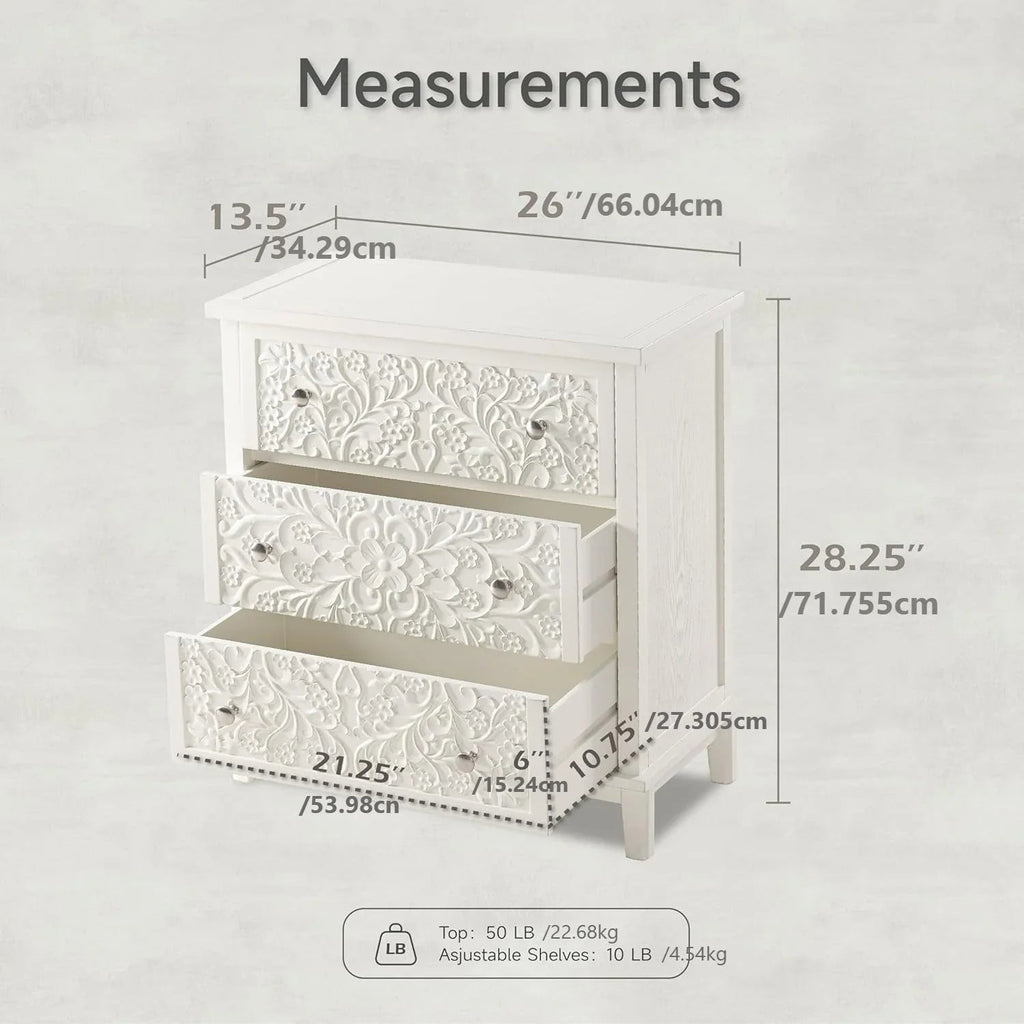 Farmhouse, Lockers, 3-drawer, Bedroom Bedside Table, Fully-assembled Flower Motif Dresser for French... - House Of Avana [[SKU:HOA-DRS-001]]