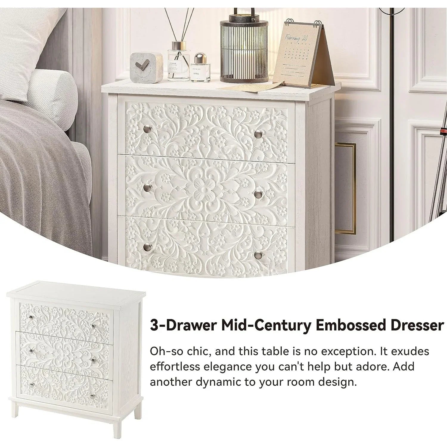 Farmhouse, Lockers, 3-drawer, Bedroom Bedside Table, Fully-assembled Flower Motif Dresser for French... - House Of Avana