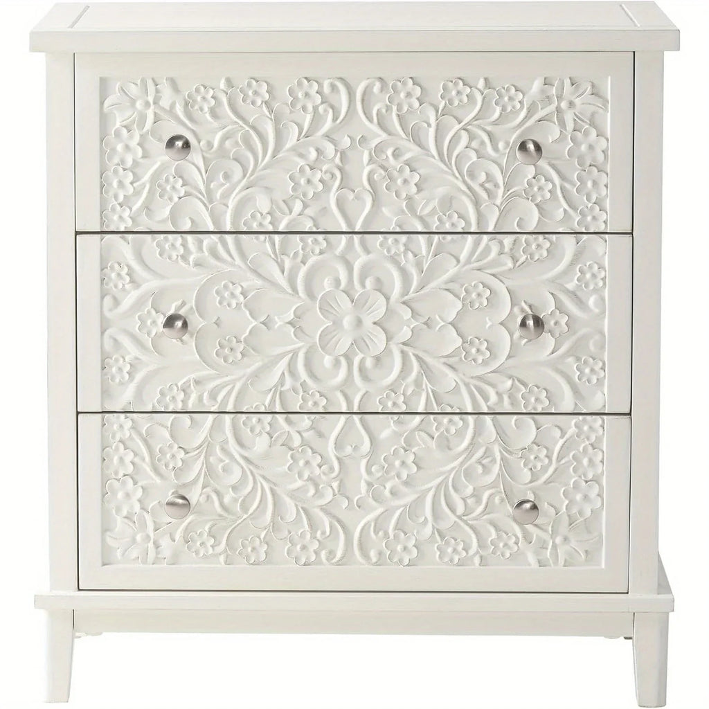 Farmhouse, Lockers, 3-drawer, Bedroom Bedside Table, Fully-assembled Flower Motif Dresser for French... - House Of Avana