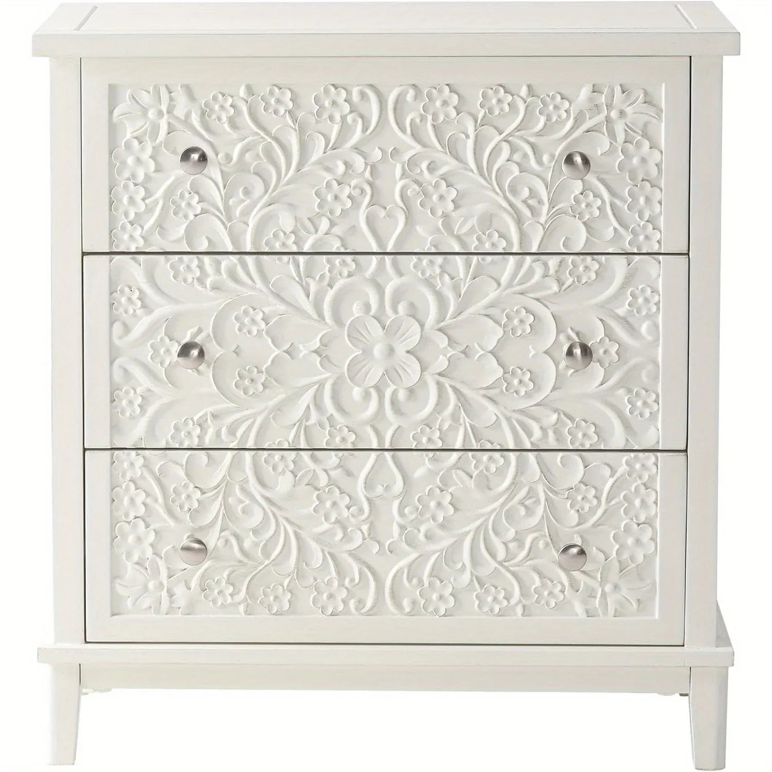 Farmhouse, Lockers, 3-drawer, Bedroom Bedside Table, Fully-assembled Flower Motif Dresser for French... - House Of Avana