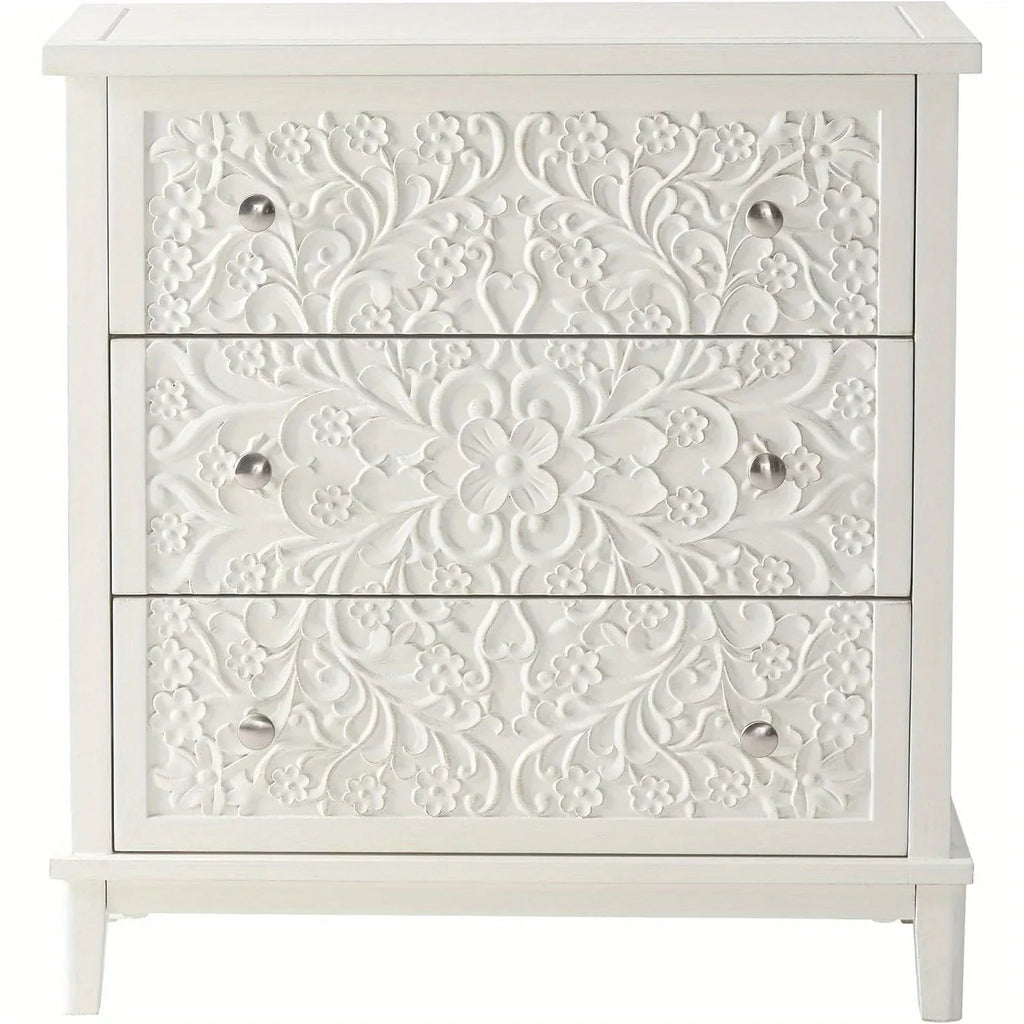 Farmhouse, Lockers, 3-drawer, Bedroom Bedside Table, Fully-assembled Flower Motif Dresser for French... - House Of Avana [[SKU:HOA-DRS-001]]