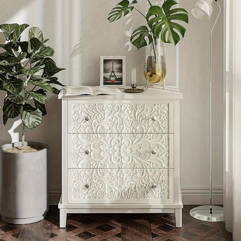 Farmhouse, Lockers, 3-drawer, Bedroom Bedside Table, Fully-assembled Flower Motif Dresser for French... - House Of Avana