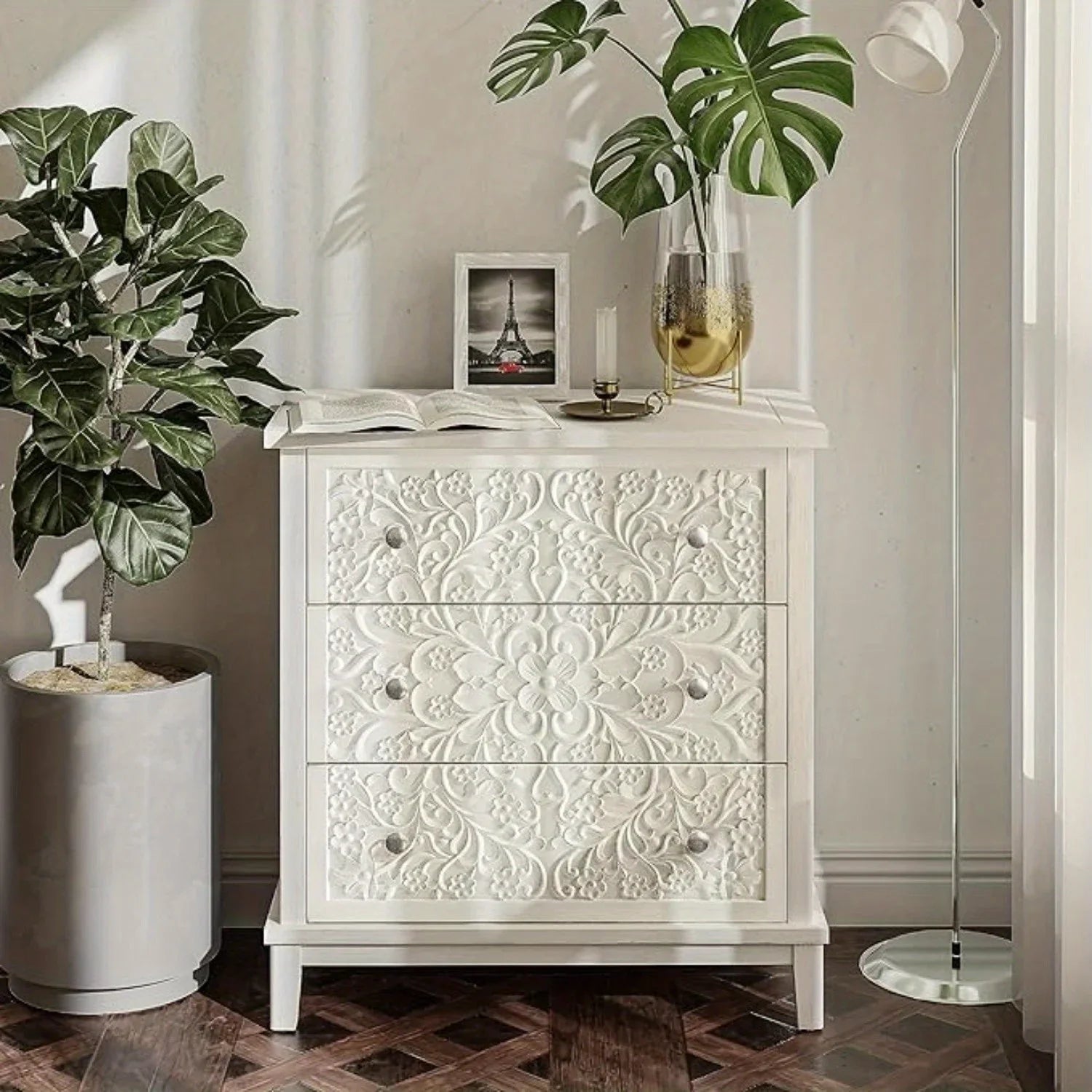 Farmhouse, Lockers, 3-drawer, Bedroom Bedside Table, Fully-assembled Flower Motif Dresser for French... - House Of Avana