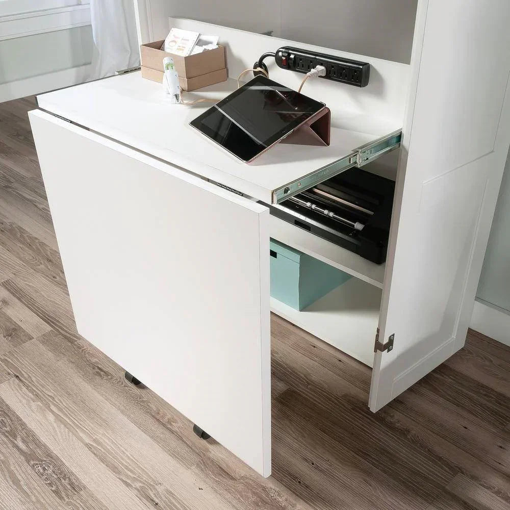 Drop Leaf Computer Desk Craft Table Armoire in White Wood Finish - Made in USA