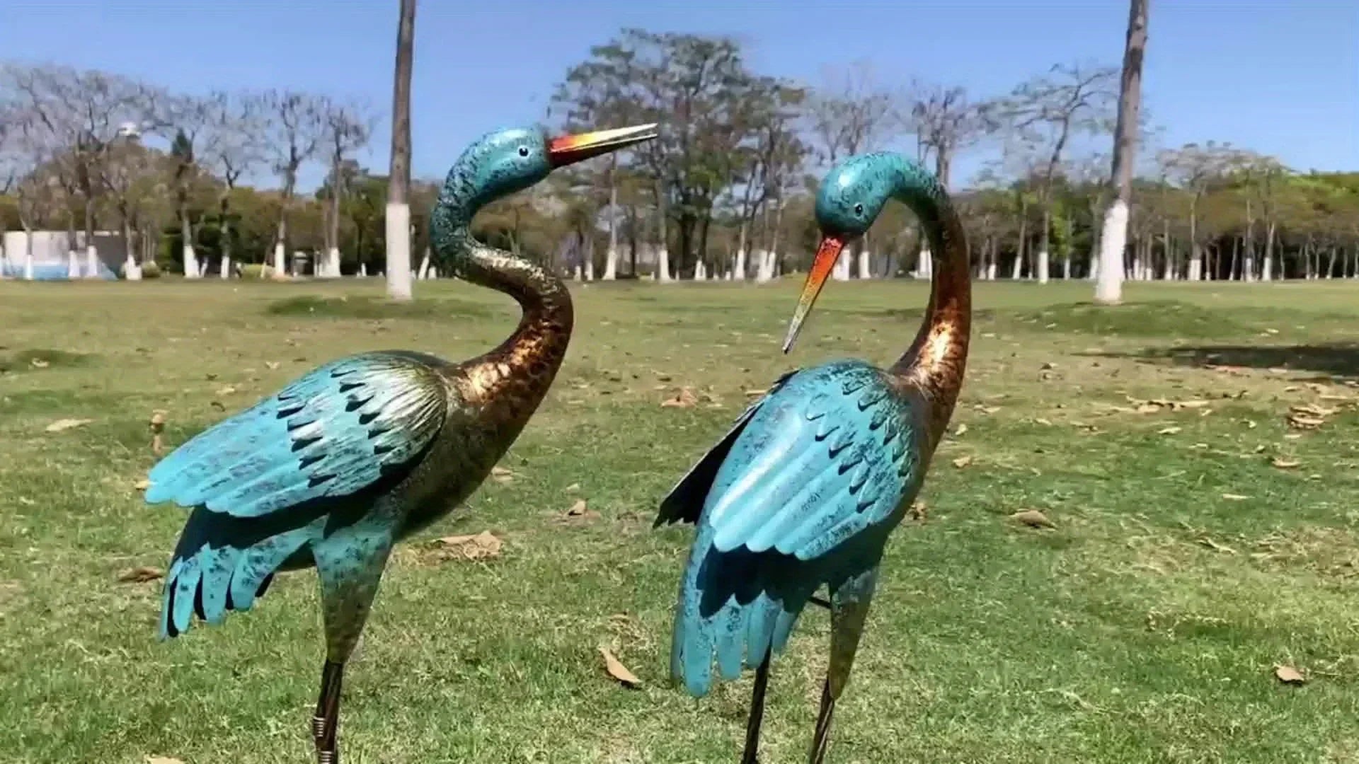 2pc Blue Gold Metal Crane Garden Statue Set - House Of Avana
