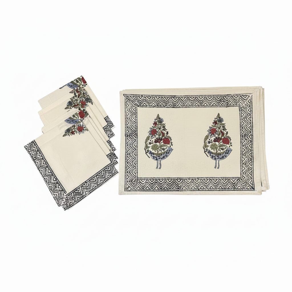 Dusty Blue & Rose handmade cotton napkins folded and stacked | India natural colors hand block table runners napkins table mats Jaipur handmade aesthetics handicraft | House of Avana