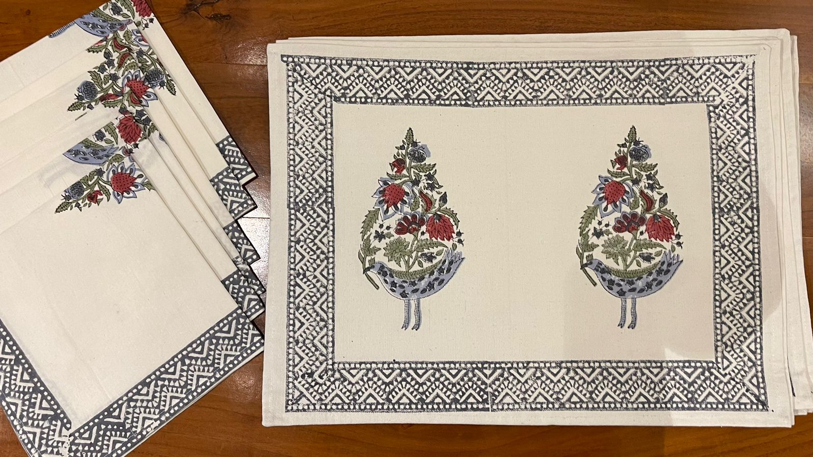 Dusty Blue & Rose Sanganer hand block printed table mats and napkins | Jaipur handicraft aesthetics handmade table runners napkins table mats India natural colors hand block | House of Avana