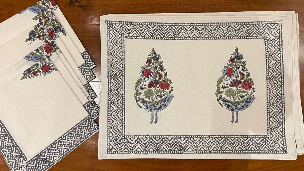 Dusty Blue & Rose Sanganer hand block printed table mats and napkins | Jaipur handicraft aesthetics handmade table runners napkins table mats India natural colors hand block | House of Avana [[SKU:HOA-TR-DBRP-008]]