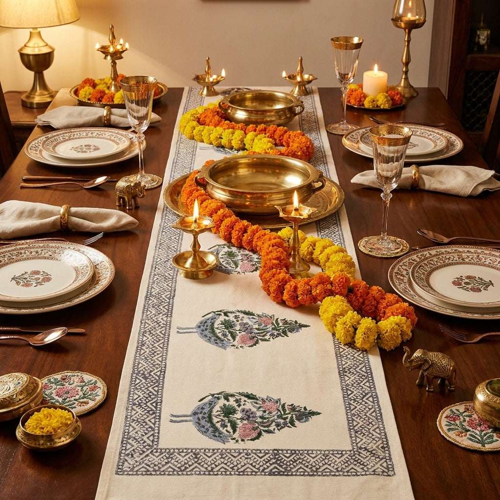Dusty Blue & Rose table runner styled for Indian festive dining | hand block printed table runners napkins table mats Jaipur handmade handicraft India natural colors | House of Avana [[SKU:HOA-TR-DBRP-008]]