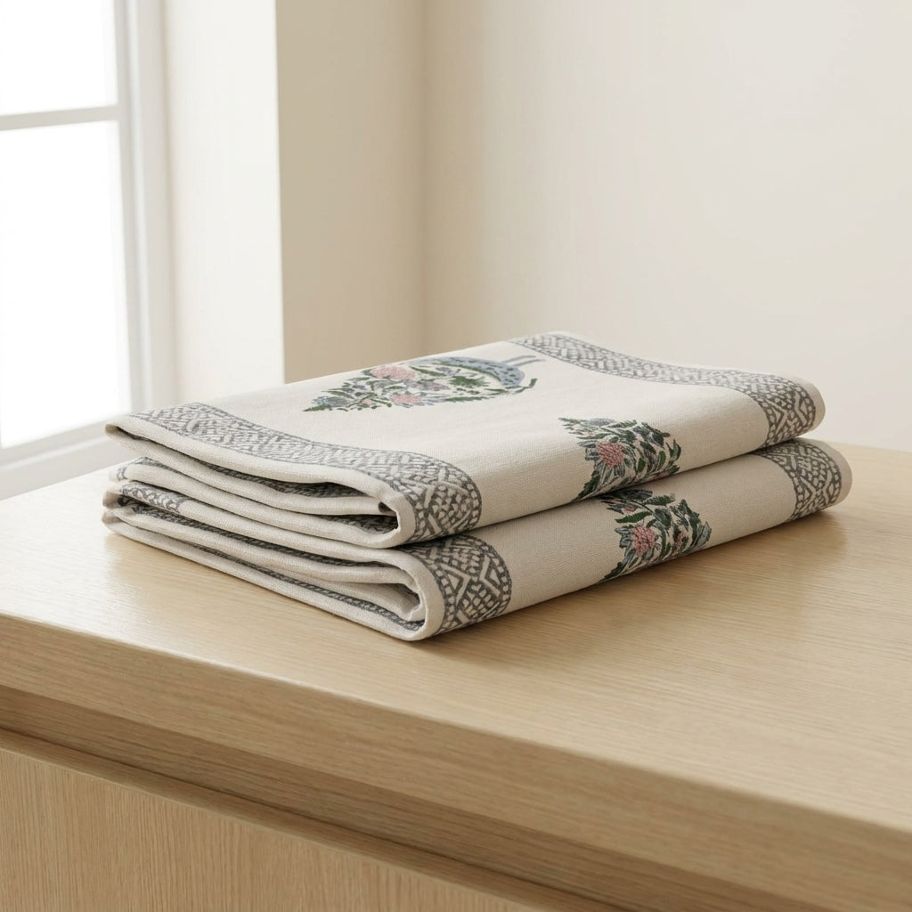 Dusty Blue & Rose folded handmade cotton table runner | hand block printed table runners napkins table mats Jaipur handmade handicraft India natural colors | House of Avana