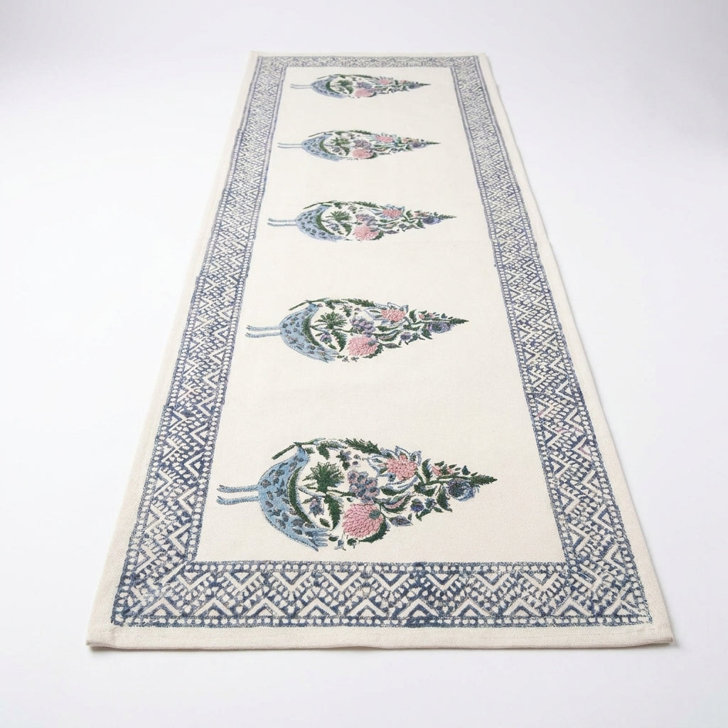 Dusty Blue & Rose handmade cotton table runner | handmade Jaipur handicraft table runners table mats napkins hand block India natural colors aesthetics | House of Avana