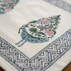 Dusty Blue & Rose Indian floral print fabric texture close-up | India natural colors hand block table runners napkins table mats Jaipur handmade aesthetics handicraft | House of Avana