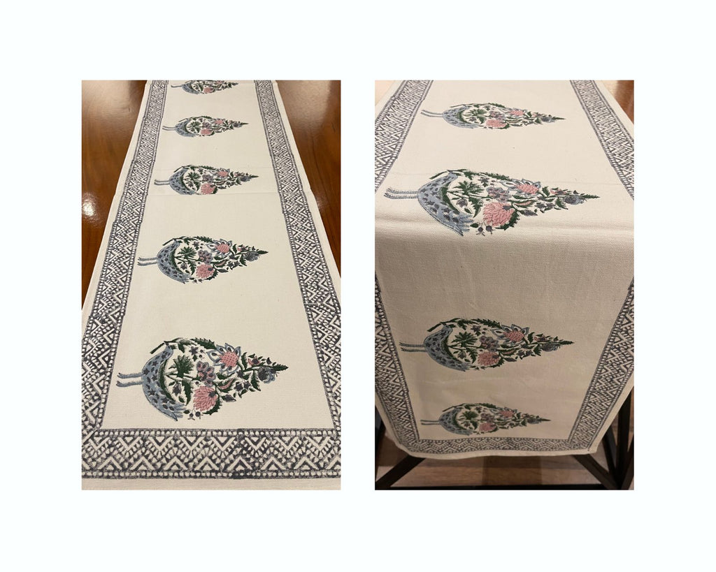 Dusty Blue & Rose Sanganer handmade cotton table runner | handmade Jaipur handicraft table runners table mats napkins hand block India natural colors aesthetics | House of Avana