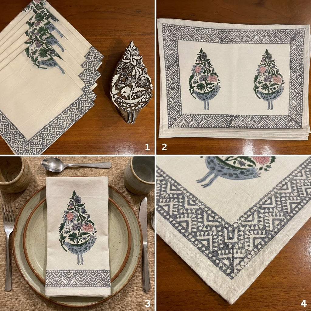 Dusty Blue & Rose Jaipur hand block printed cotton napkins set of 6 | India natural colors hand block table runners napkins table mats Jaipur handmade aesthetics handicraft | House of Avana