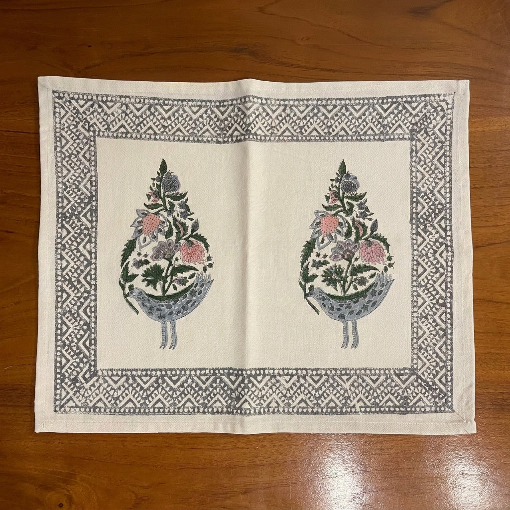 Dusty Blue & Rose hand block printed napkin detail | Jaipur handicraft aesthetics handmade table runners napkins table mats India natural colors hand block | House of Avana