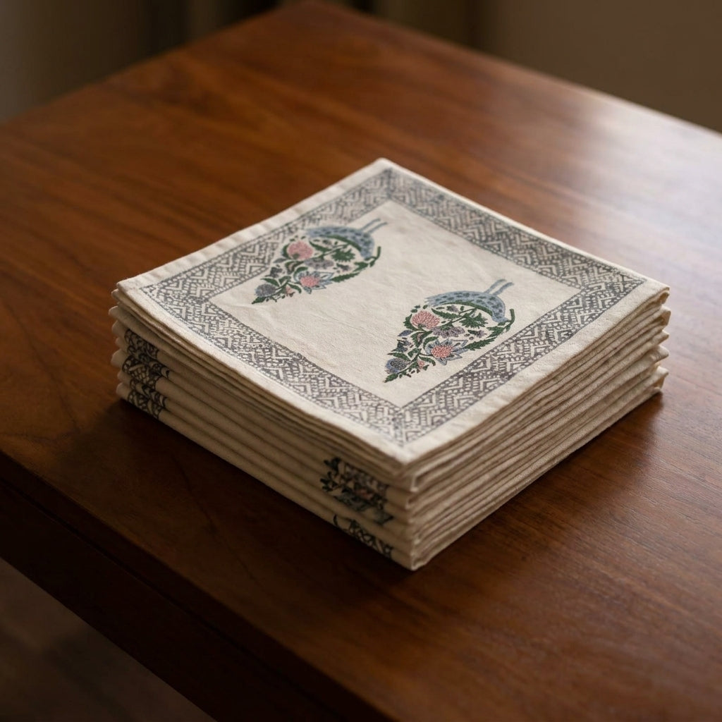 Dusty Blue & Rose handmade cotton napkins folded and stacked | handmade Jaipur handicraft table runners table mats napkins hand block India natural colors aesthetics | House of Avana